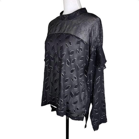 BCBGMaxazria Black Sheer Chiffon Silver Metallic Leaf Print High Neck Blouse - Picture 6 of 15